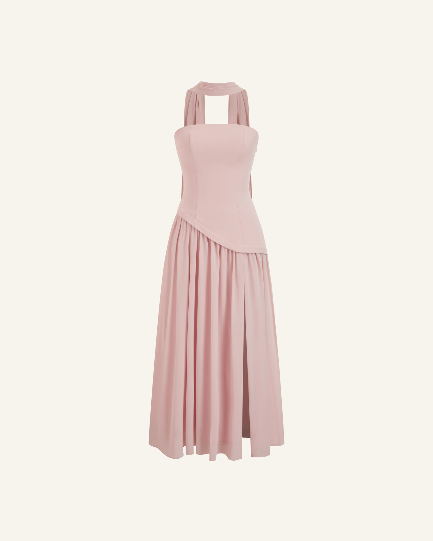 The Embla lace-back chiffon maxi shown alone in blush on a bone background, front view