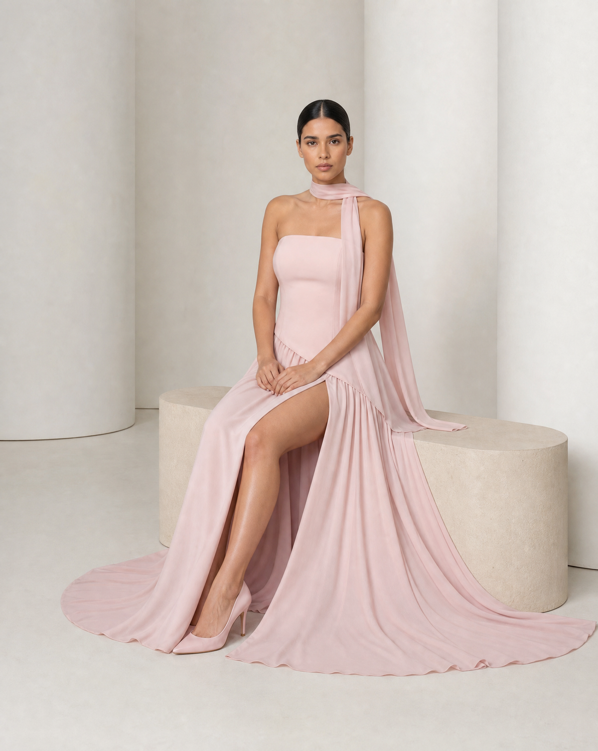 Model seated in the Embla blush maxi, the gathered chiffon skirt spread out across the floor