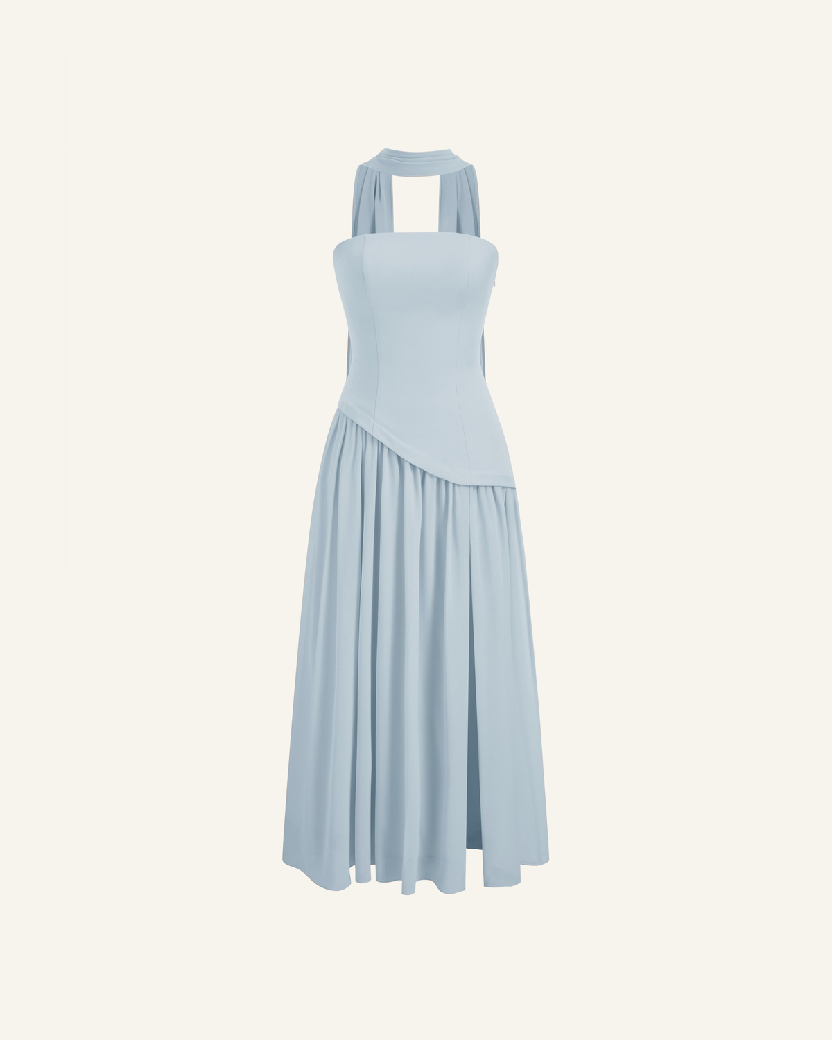 The Embla lace-back maxi in powder blue, strapless bodice and full chiffon skirt, alone on a bone background