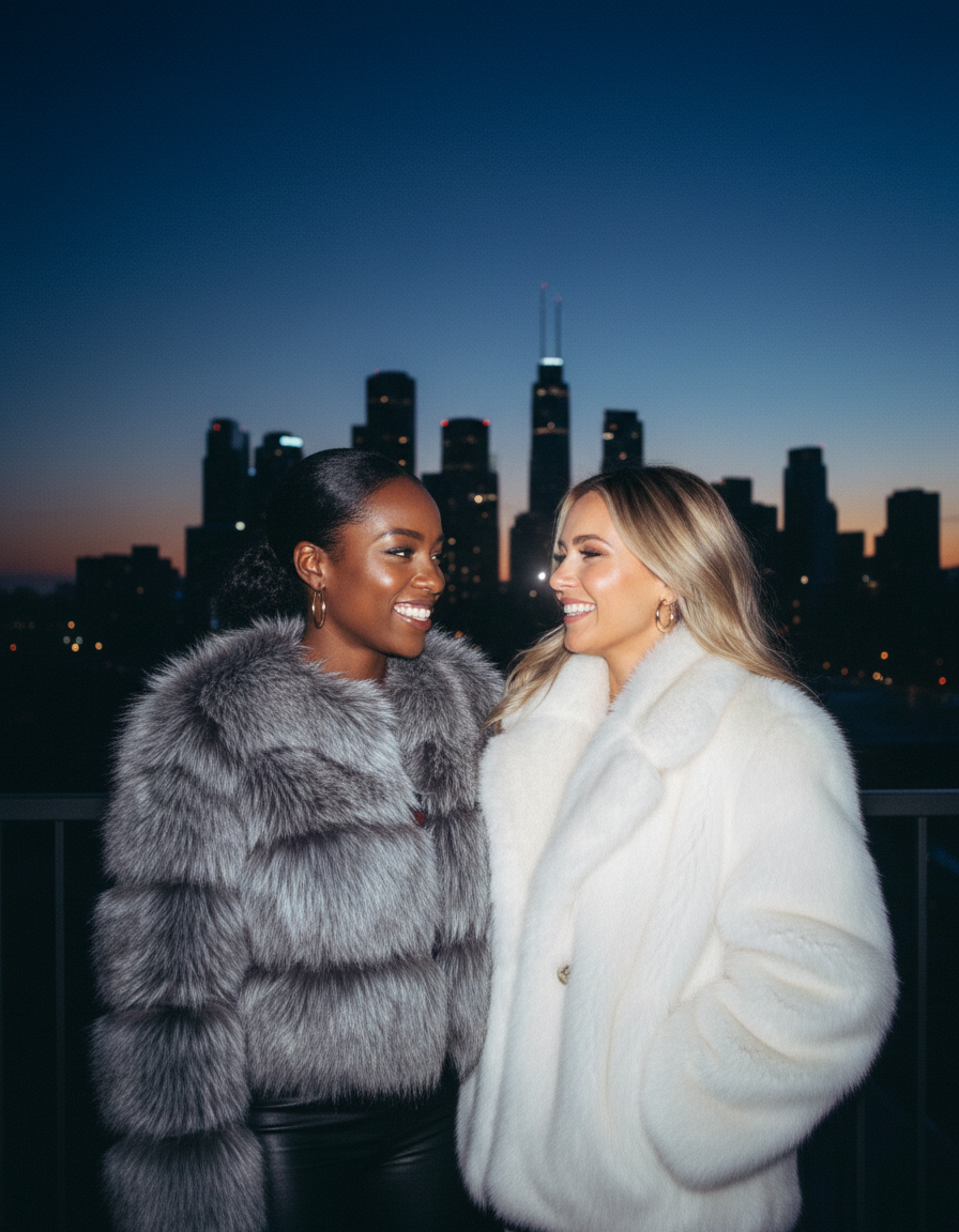 The Boreal Luxe founders in a silver-grey and an ivory faux-fur coat against a city skyline at dusk