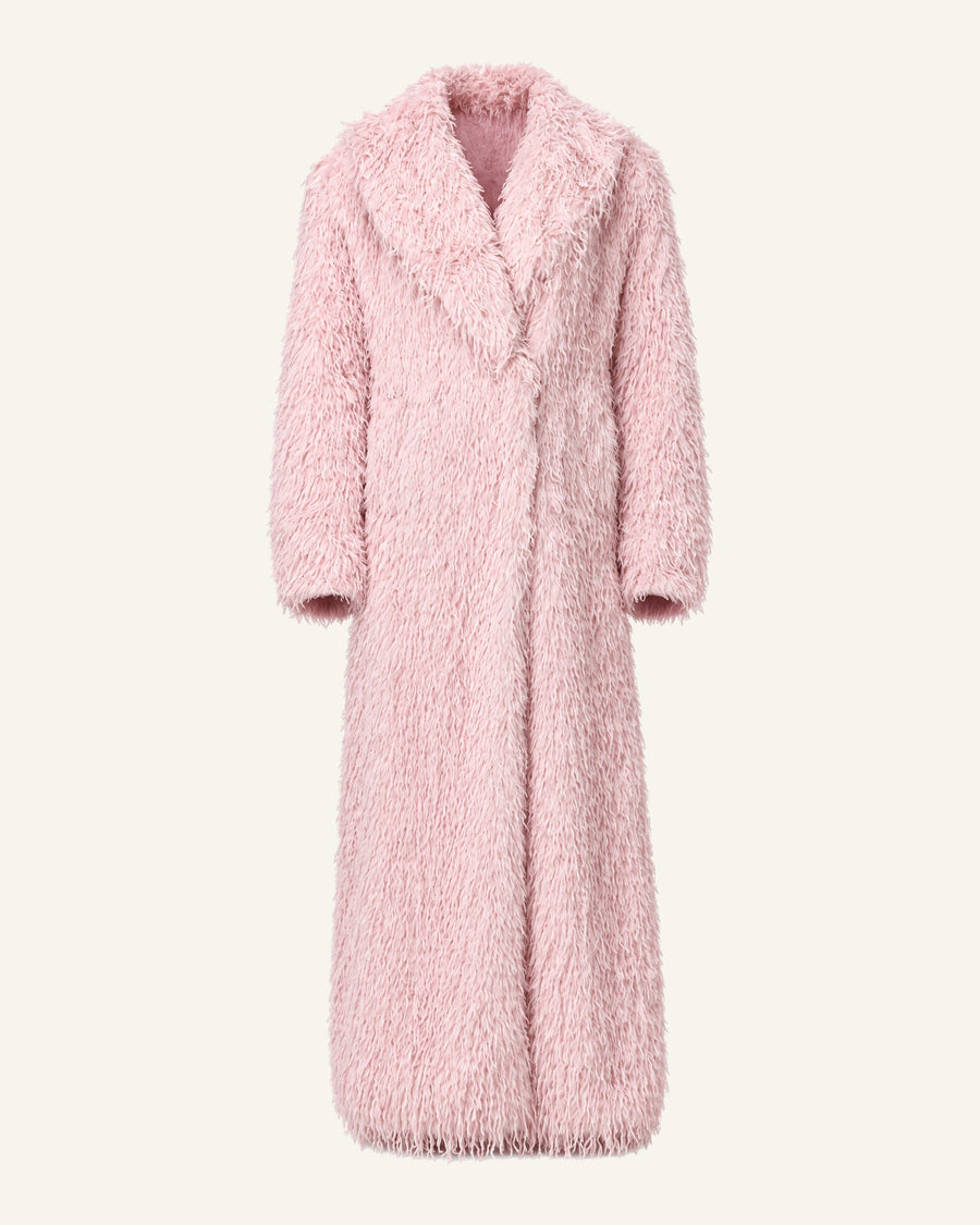 Freja faux feather long coat in blush, full-length front view worn closed over ivory