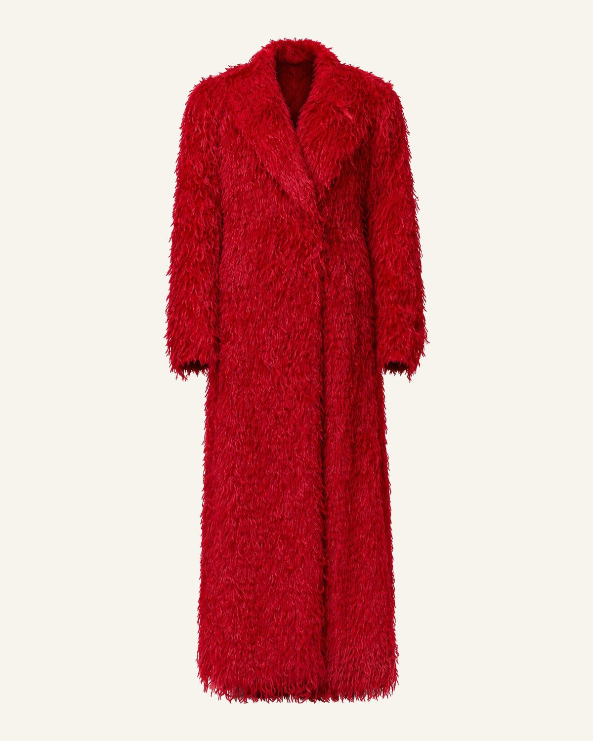 Freja faux feather long coat in red shown alone, wide notched lapels and ankle length
