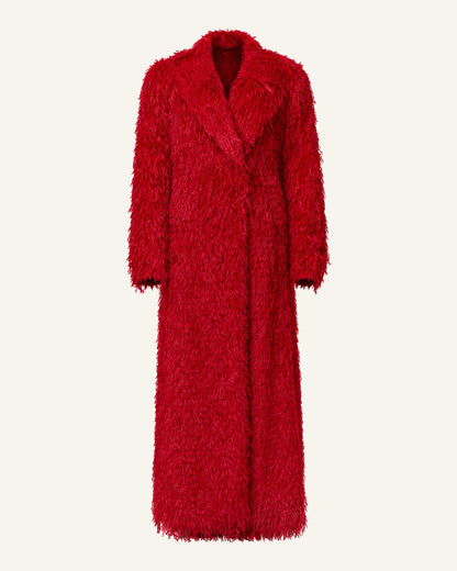 Freja faux feather long coat in red shown alone, wide notched lapels and ankle length