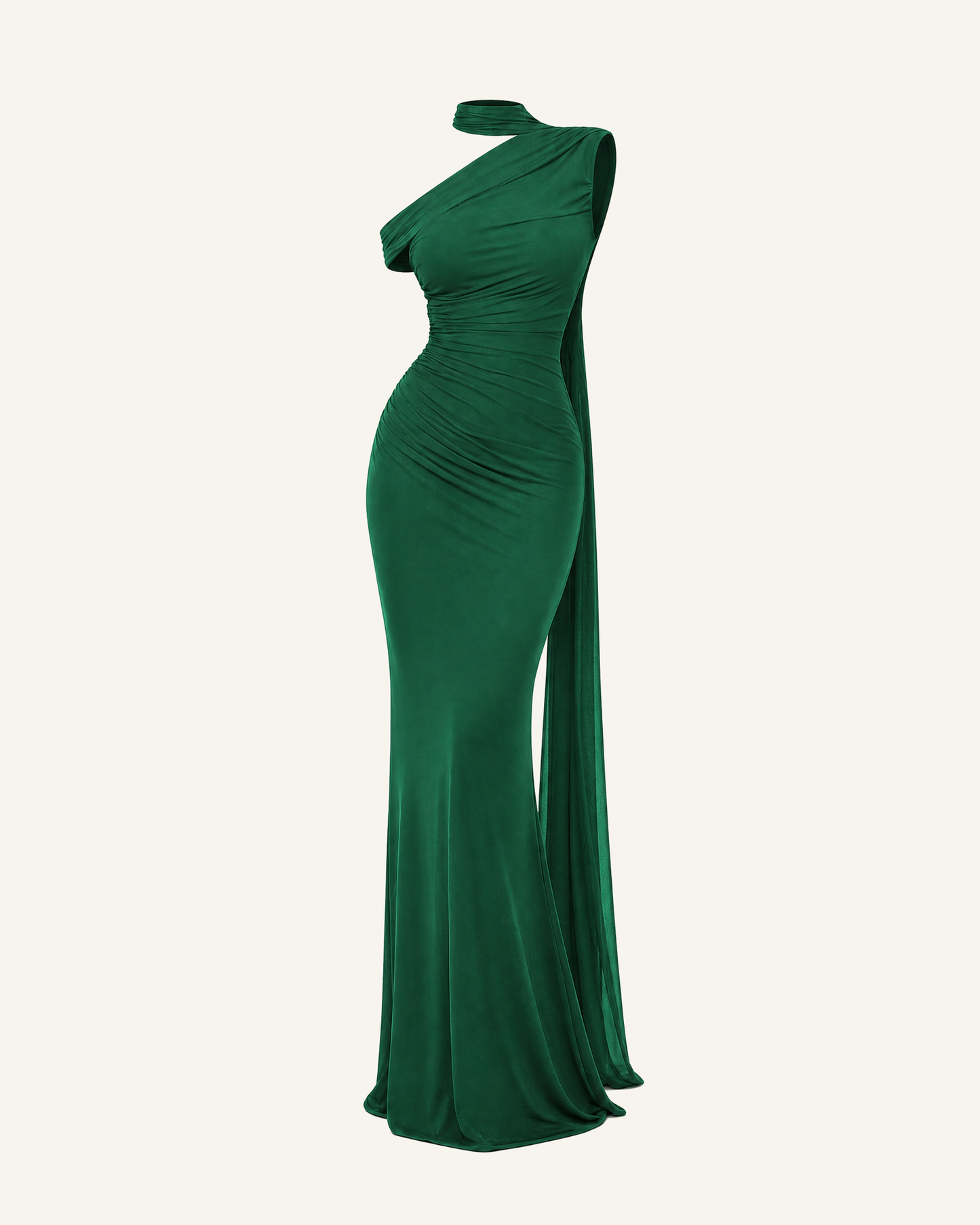 The Freya sash mermaid gown in emerald green, shown alone against a bone background, full length
