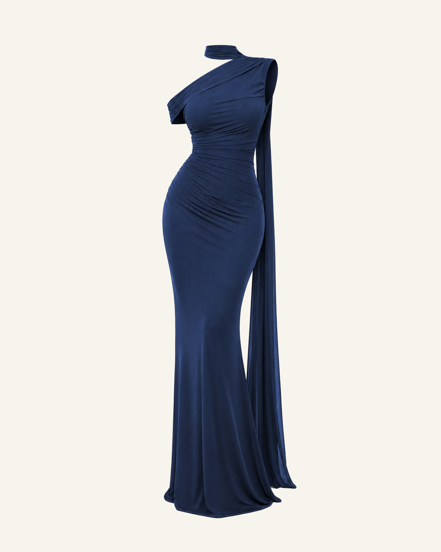 The Freya sash mermaid gown in navy blue, shown alone against a bone background, full length