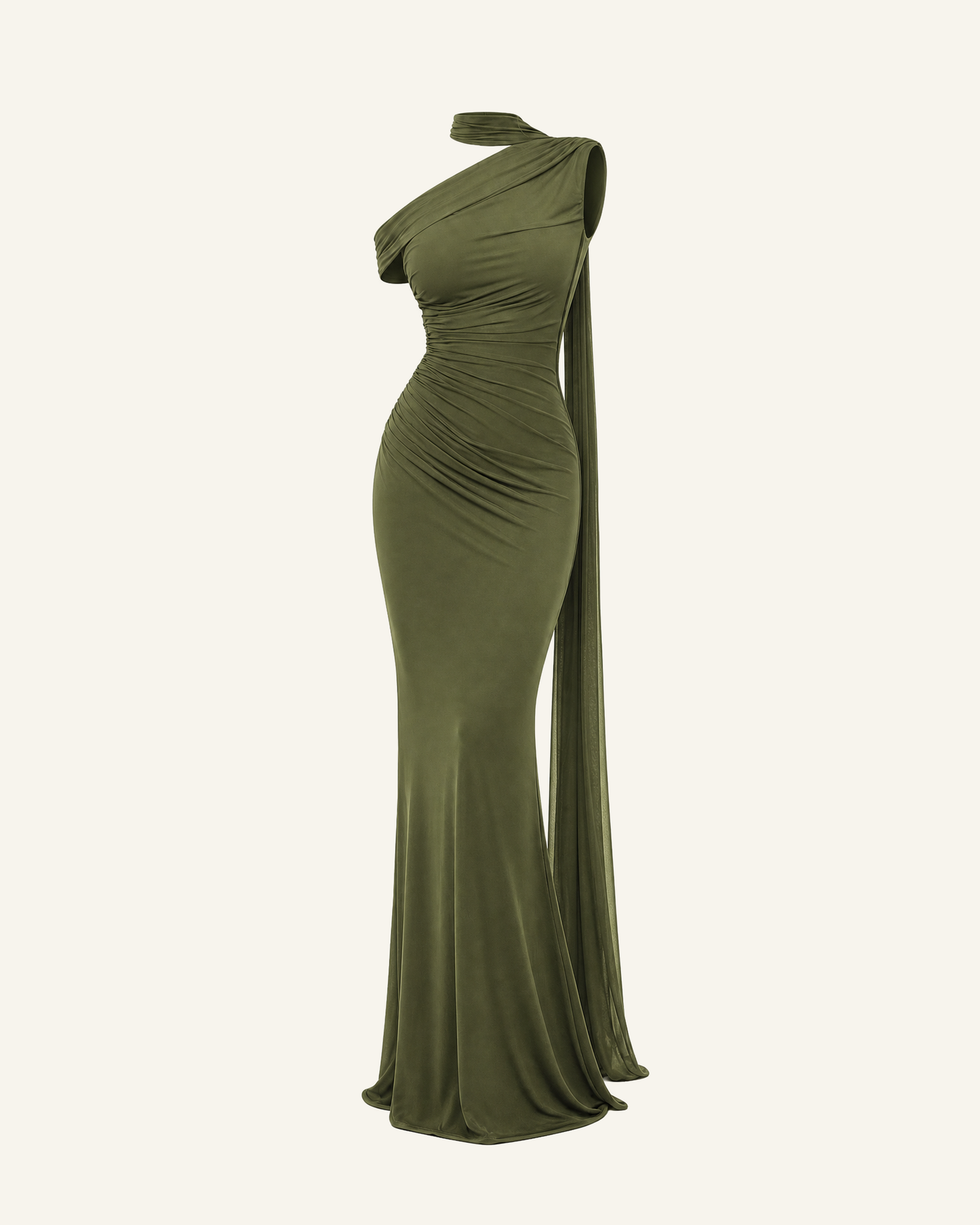 The Freya sash mermaid gown in olive green, shown alone against a bone background, full length