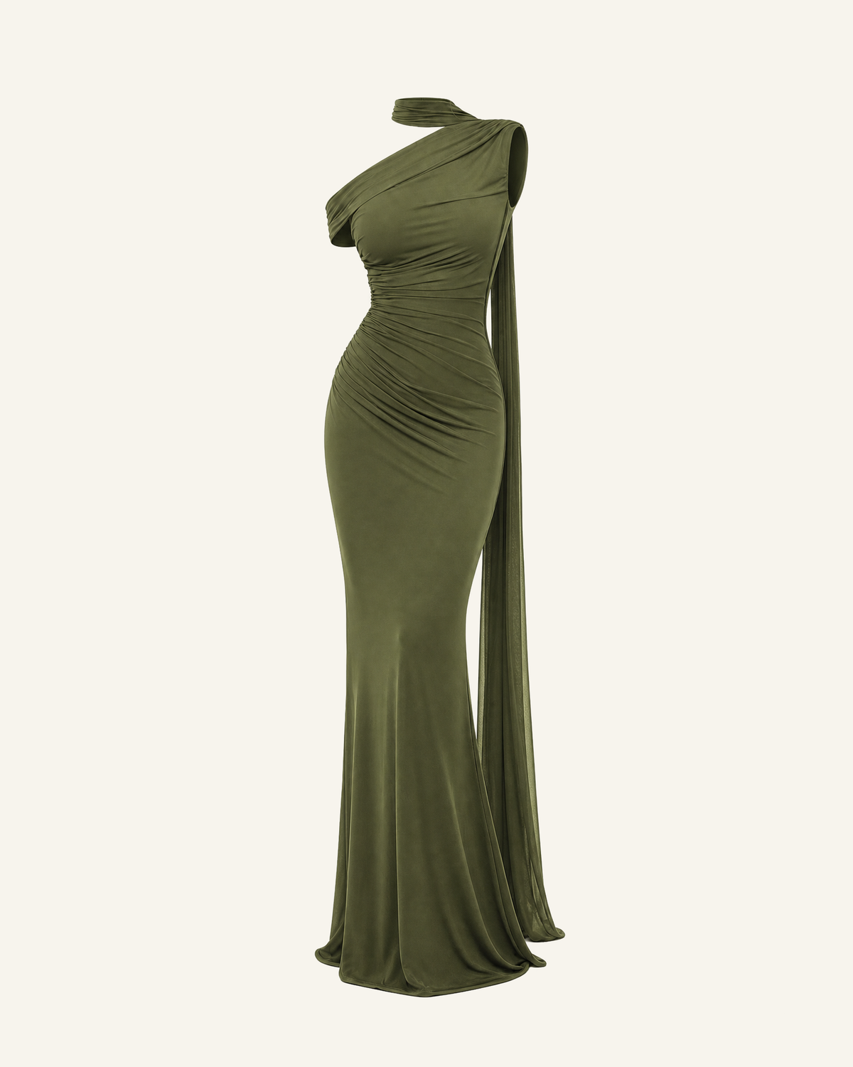 The Freya sash mermaid gown in olive green, shown alone against a bone background, full length