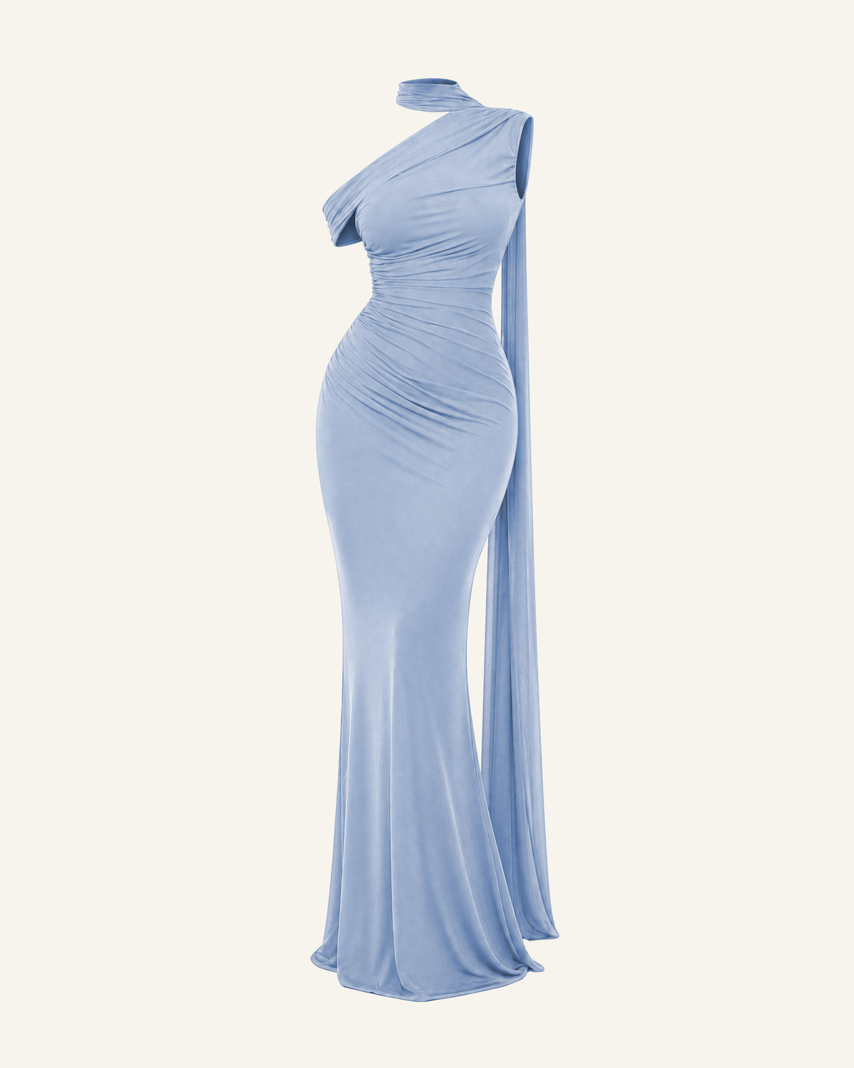 The Freya sash mermaid gown in powder blue, shown alone against a bone background, full length