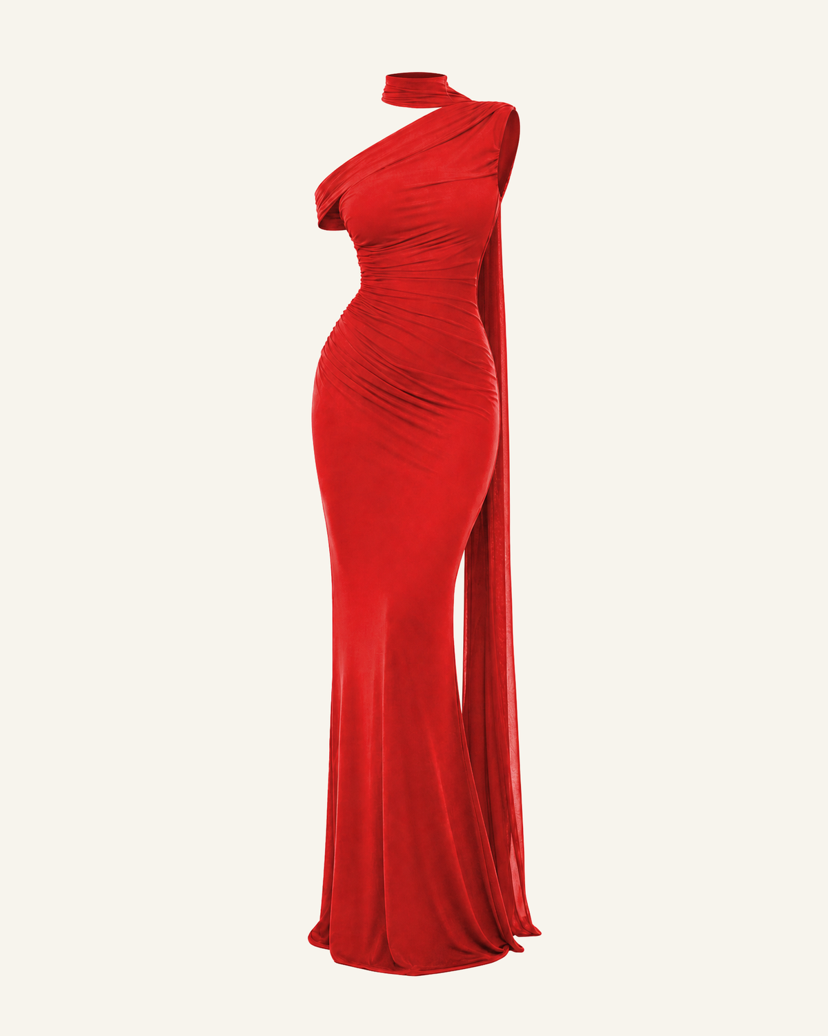 The Freya sash mermaid gown in bright red, shown alone against a bone background, full length
