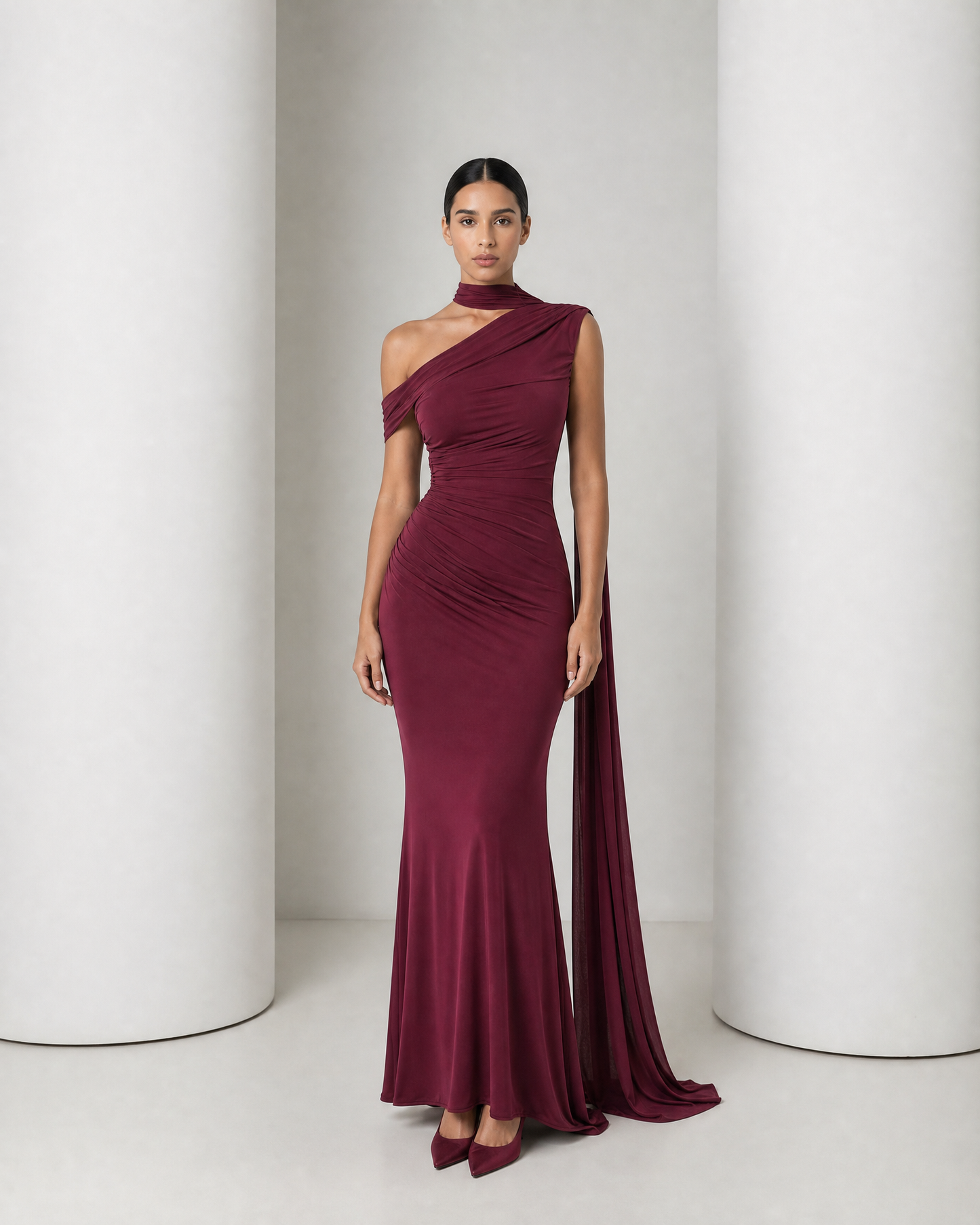 Model in the wine Freya gown, high neck band, one draped shoulder and a long sash falling to the floor