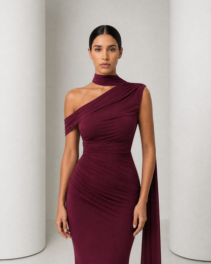 Close view of the Freya bodice in wine, the throat band, bare shoulder and diagonal ruching