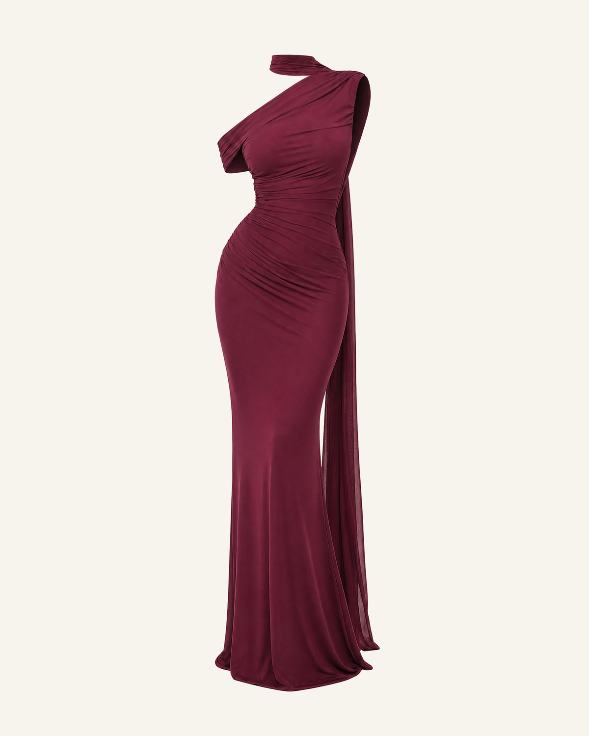 The Freya sash mermaid gown in wine shown alone against a bone background, full length
