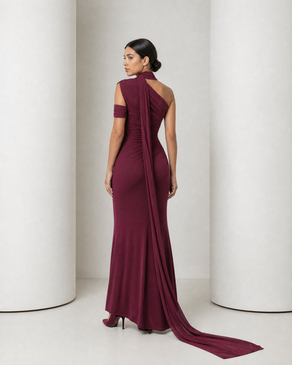 Back of the wine Freya gown, the sash falling straight down the back and trailing on the floor