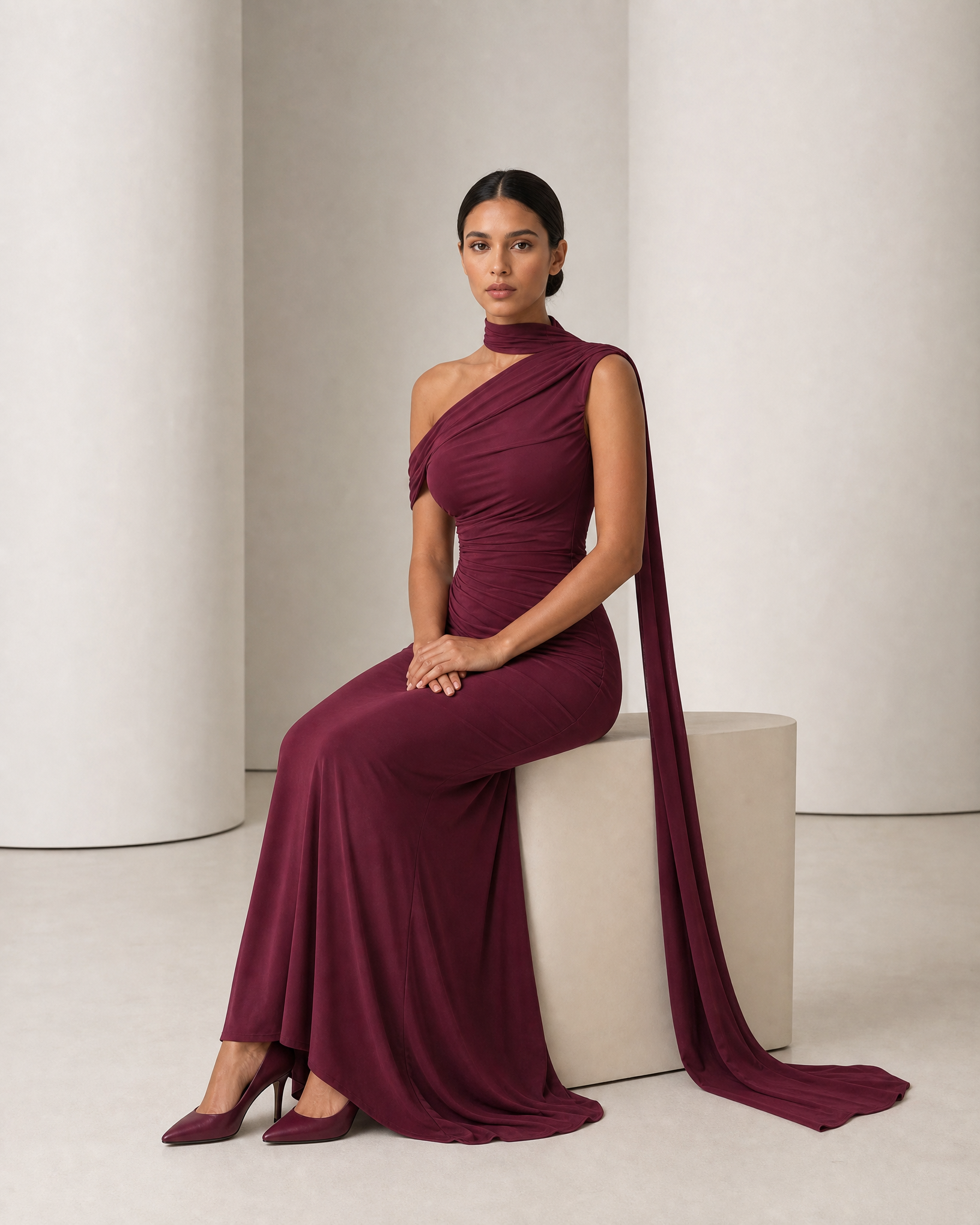 Model seated in the wine Freya gown, the sash falling beside her and the hem pooled at her feet