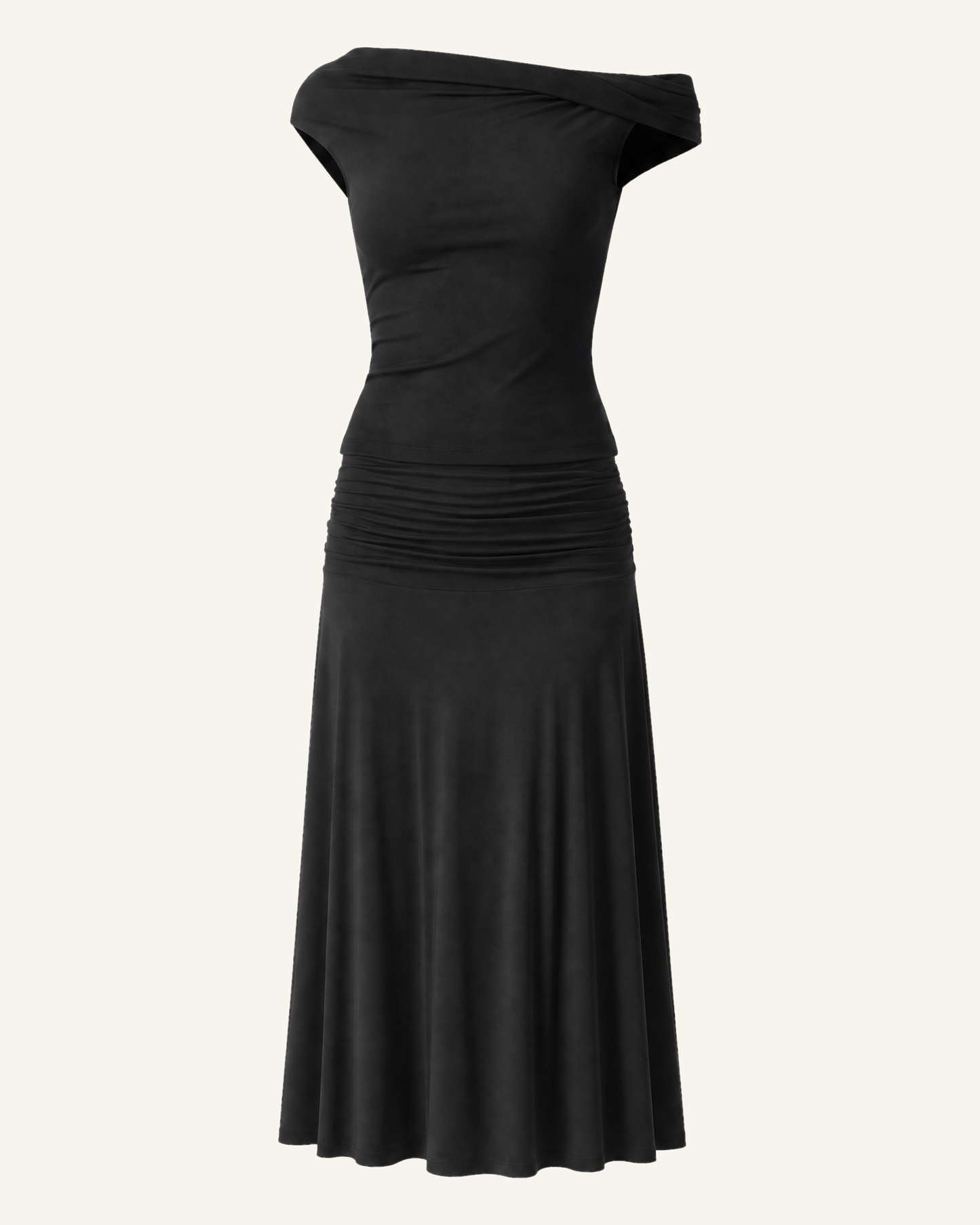 The Hedda top and midi skirt set in black, shown alone against a bone background, full length
