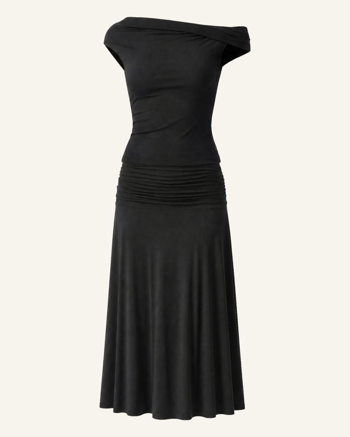 The Hedda top and midi skirt set in black, shown alone against a bone background, full length