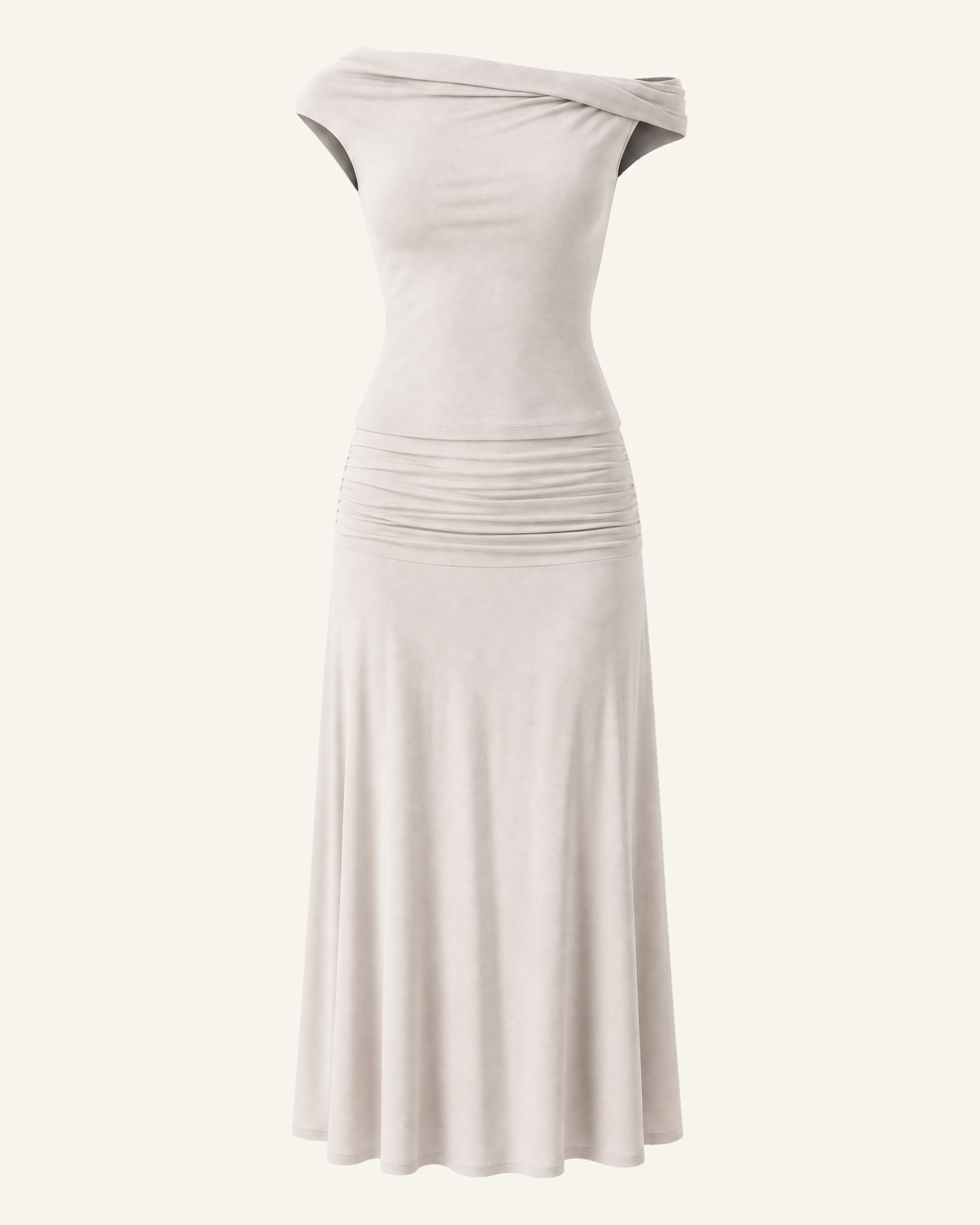 The Hedda top and midi skirt set in fog, shown alone against a bone background, full length