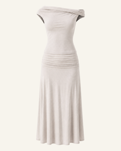 The Hedda top and midi skirt set in fog, shown alone against a bone background, full length