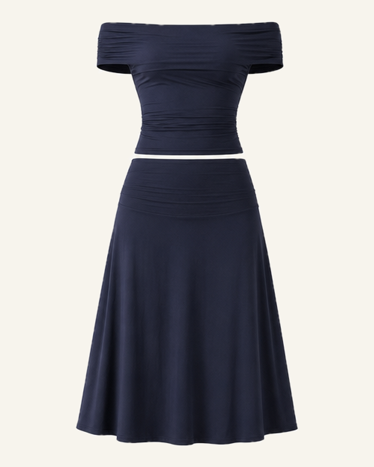 The navy Hedda top and midi skirt set shown alone against a bone background, full length