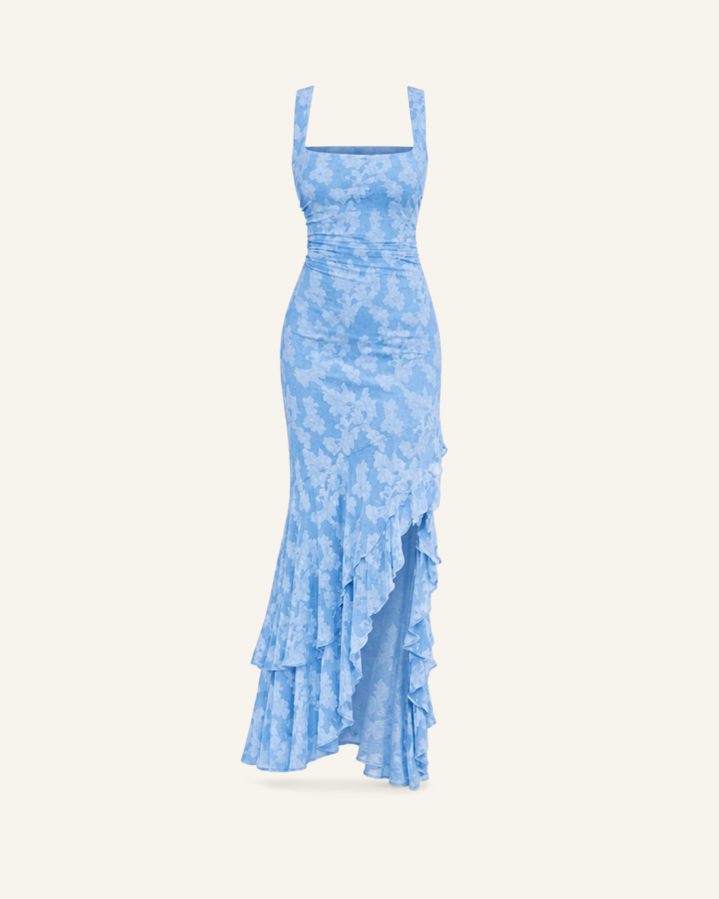 The Ilva ruffle mermaid maxi in powder blue, square neck and tiered ruffle hem, alone on a bone background