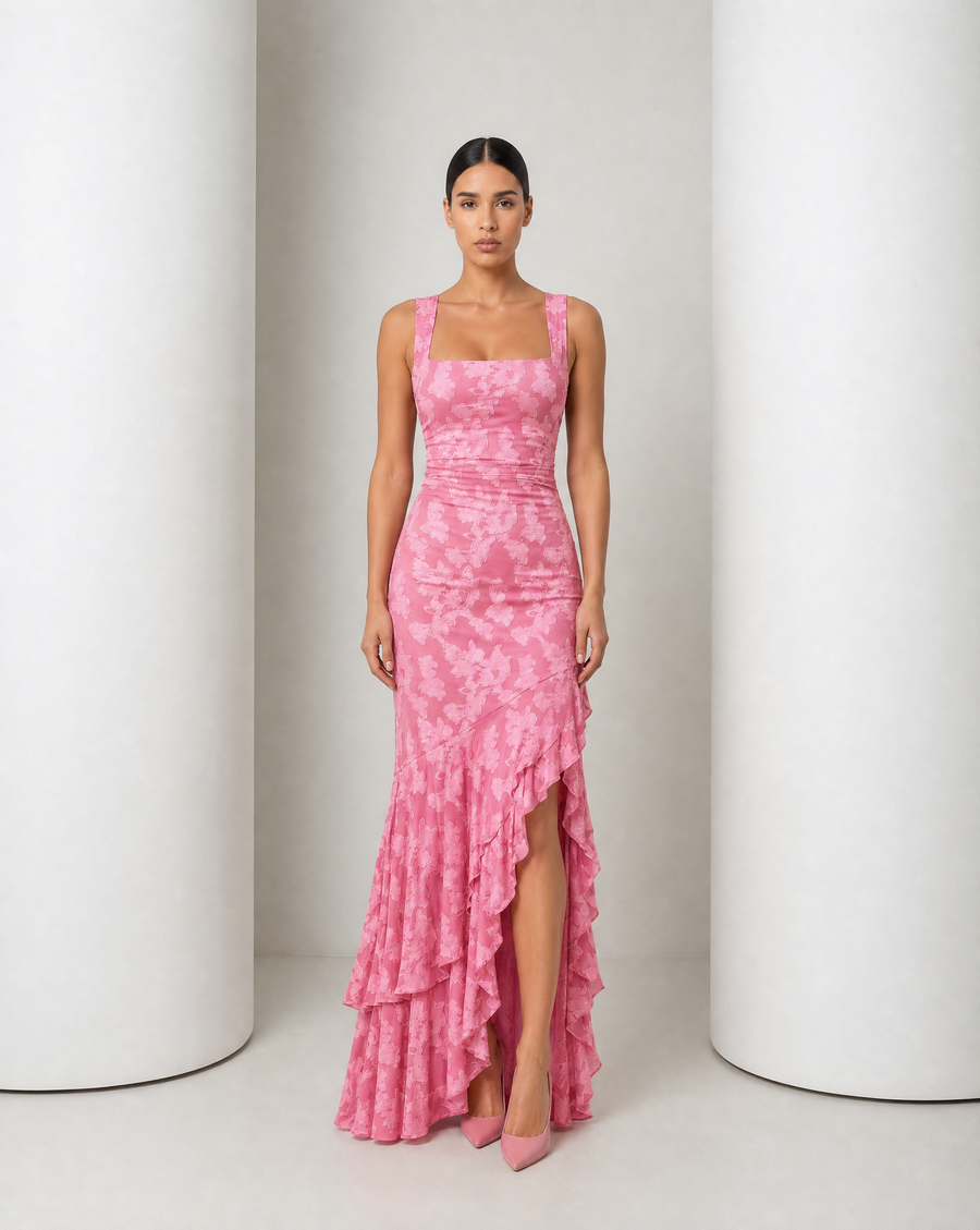 Model in the Ilva ruffle mermaid maxi in rose, square neck, ruched bodice and tiered ruffle hem