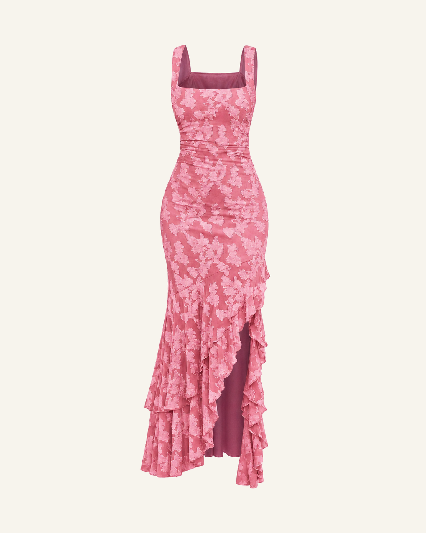 The Ilva ruffle mermaid maxi in rose shown front on against a bone background, full length