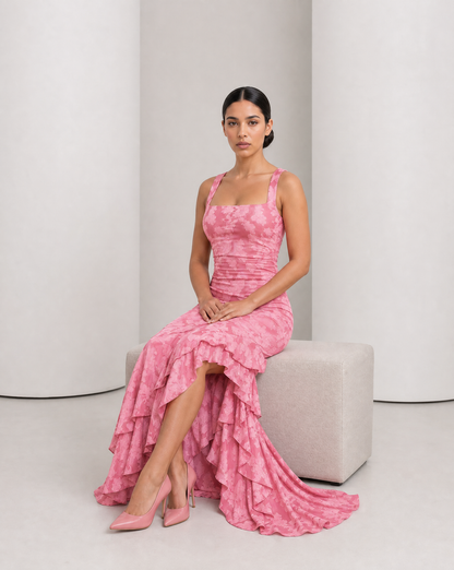 Model seated in the Ilva rose maxi, tiered ruffle hem spread across the floor beside her