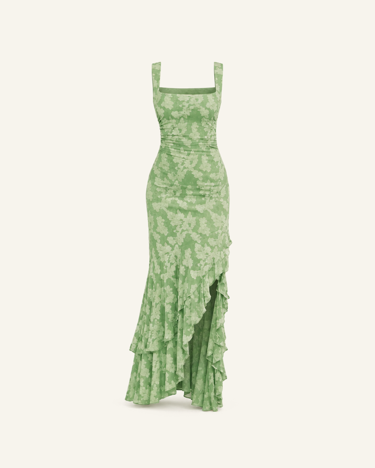 The Ilva ruffle mermaid maxi in sage green, square neck and tiered ruffle hem, alone on a bone background