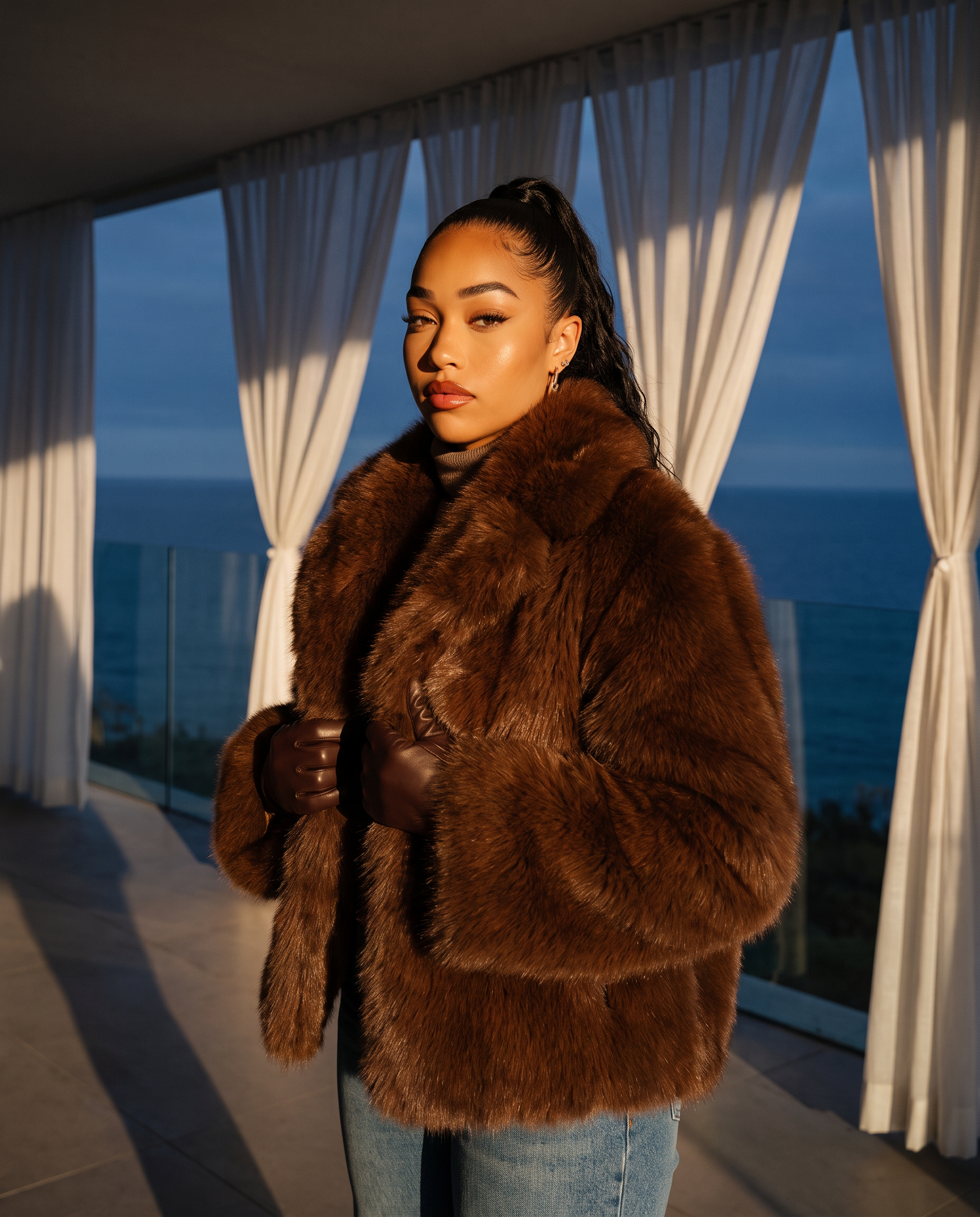 Brown faux-fur jacket over a grey turtleneck and jeans on a sunlit terrace with white curtains
