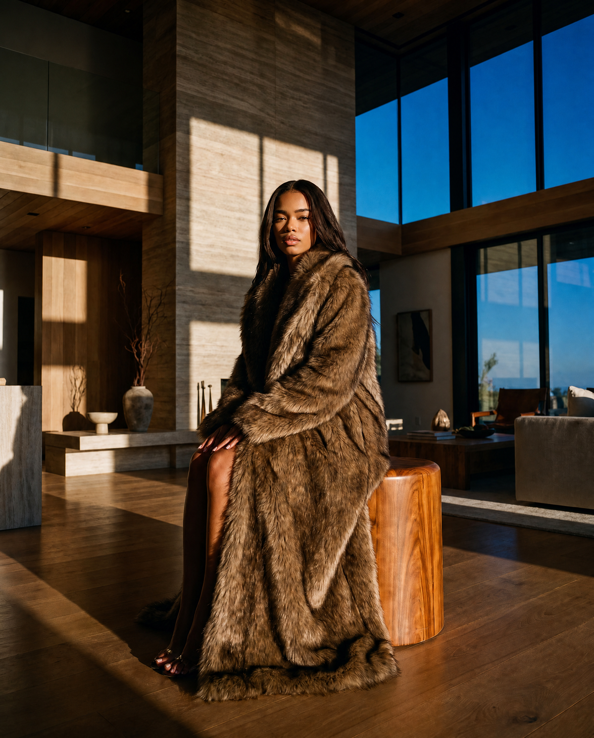 Woman seated in a floor-length brown faux fur coat in a sunlit stone-and-timber living room