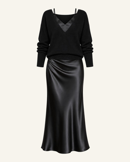 Ingrid knit and satin slip set in black, rib-knit sweater over a glossy black satin dress