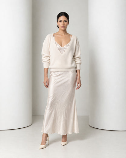 Ingrid knit and satin slip set in cream, full-length front view with ivory pumps