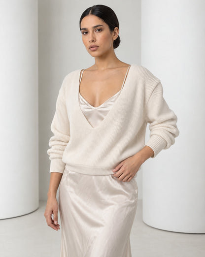 Close view of the deep V neckline on the Ingrid set, satin camisole showing underneath
