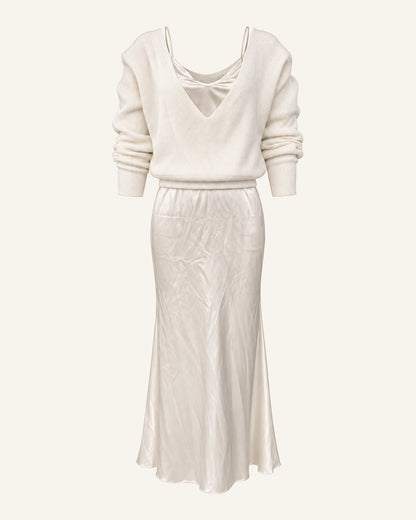 Ingrid cream rib-knit sweater over an ivory satin slip dress, shown on its own