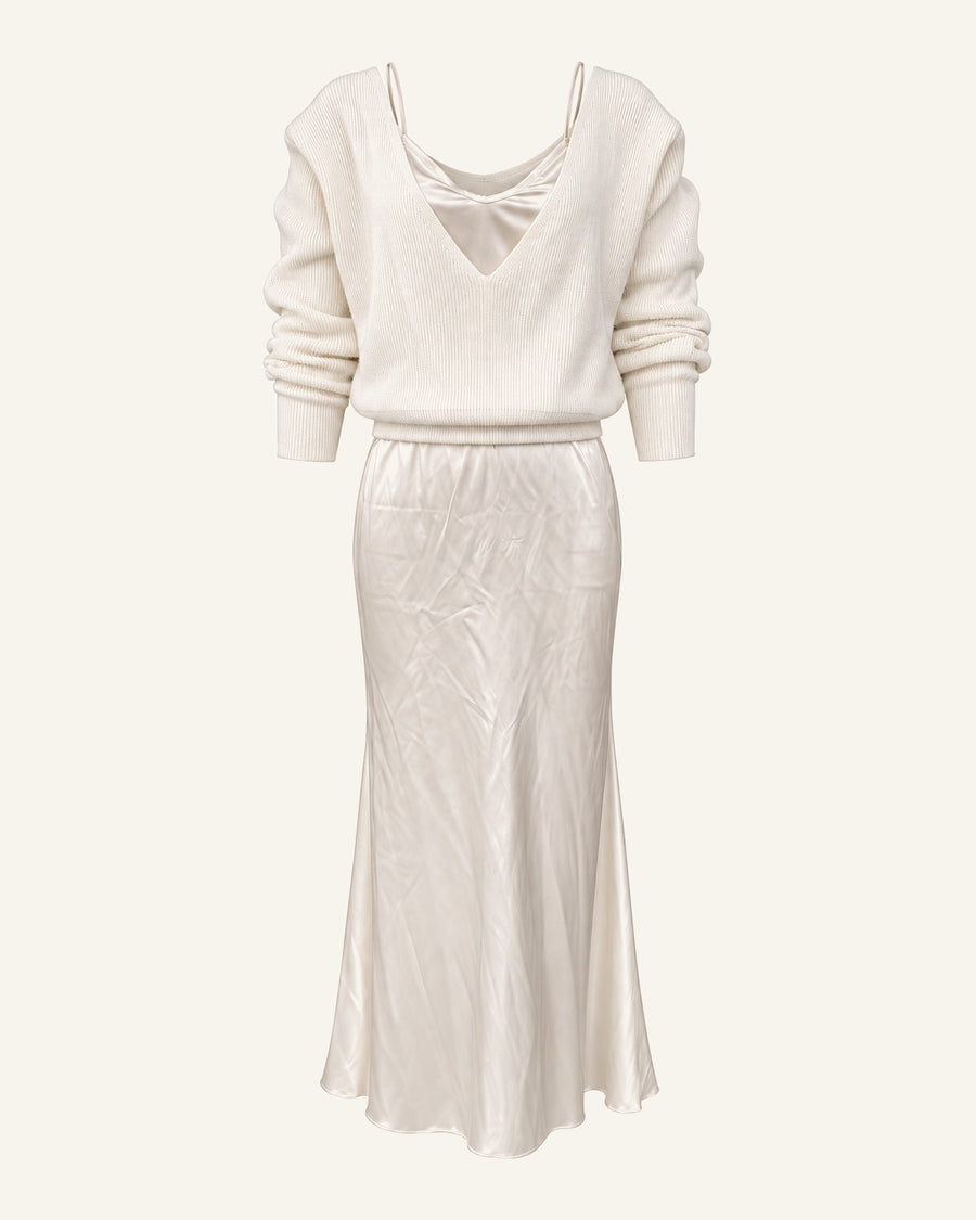 Ingrid knit and satin slip set in cream, full-length front view with ivory pumps