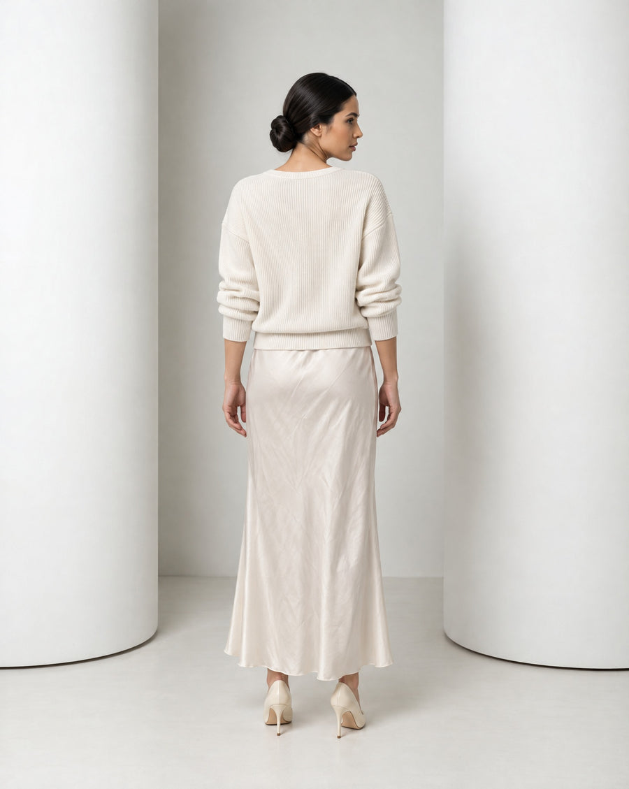 Ingrid knit and satin slip set in cream, full-length front view with ivory pumps