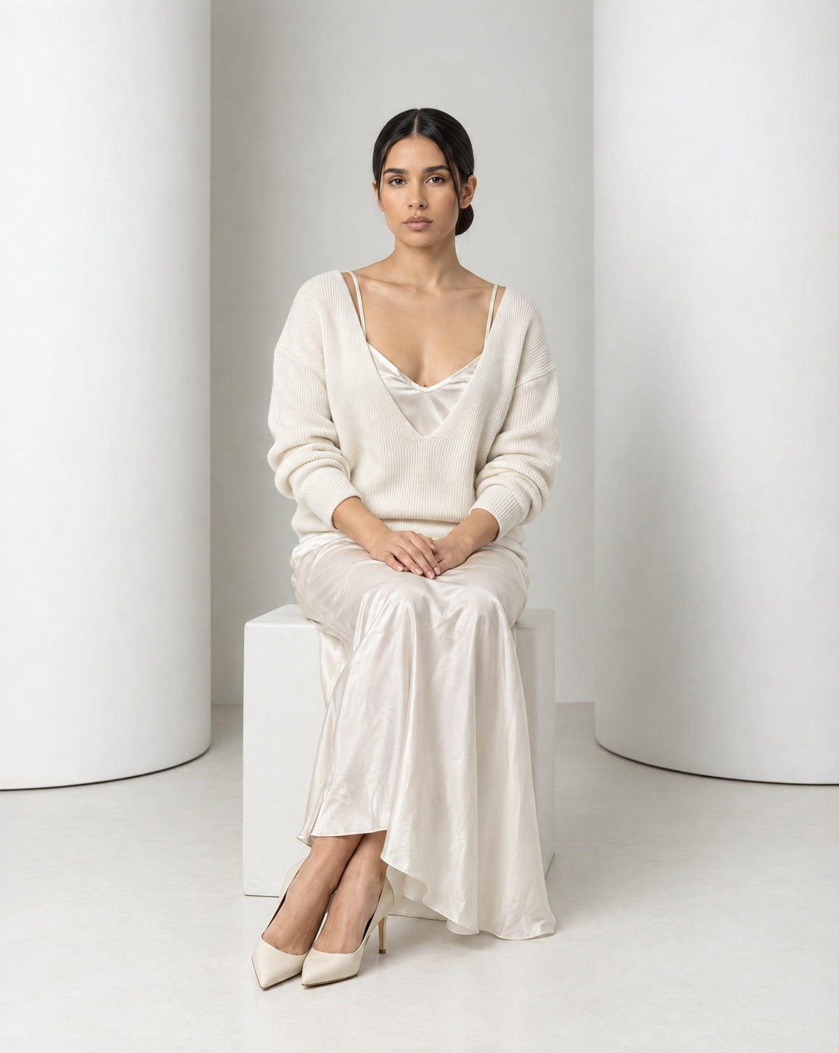 Ingrid set in cream worn seated, satin draping over the knees to ivory pumps