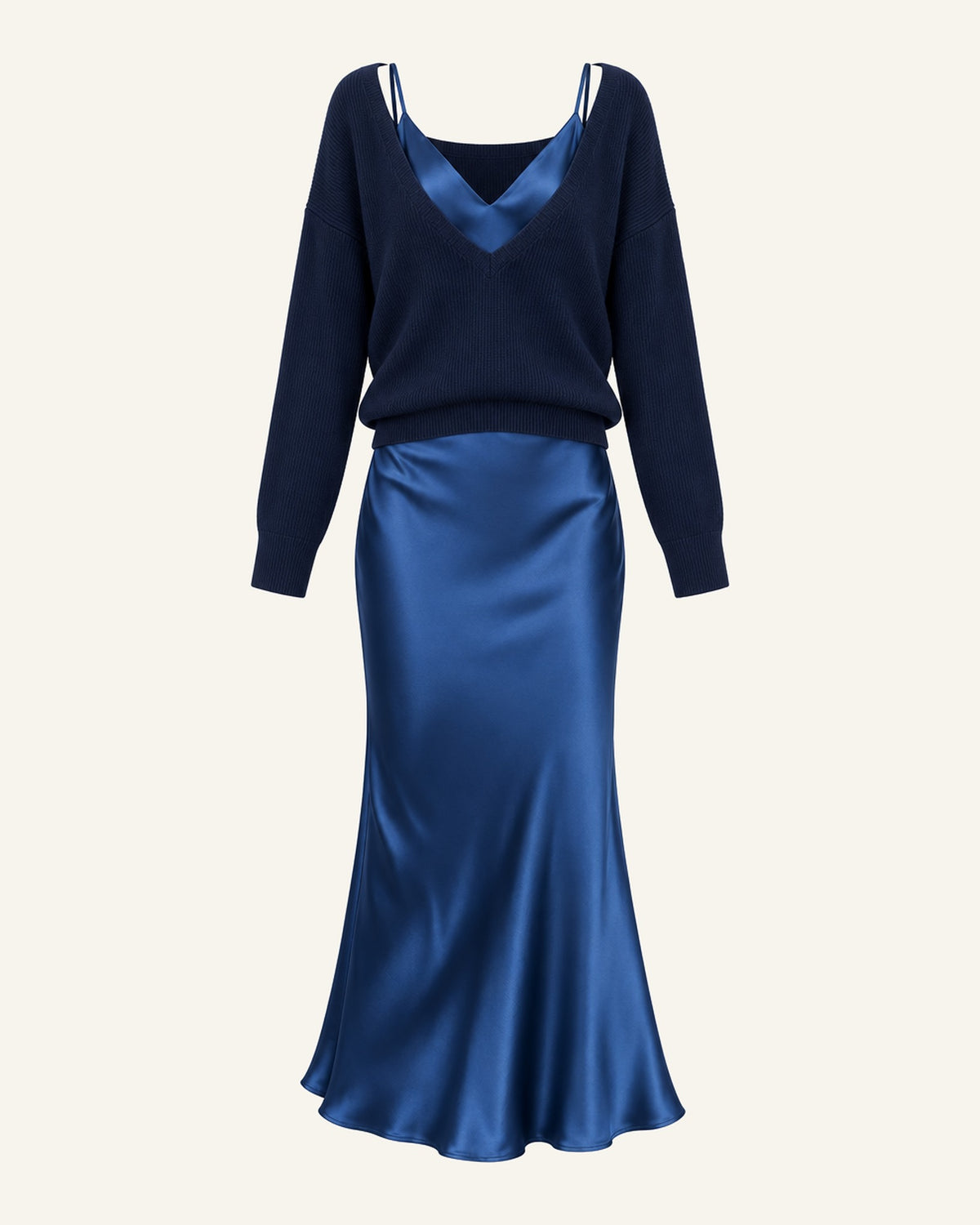 Ingrid knit and satin slip set in navy, rib-knit sweater over a sapphire satin dress