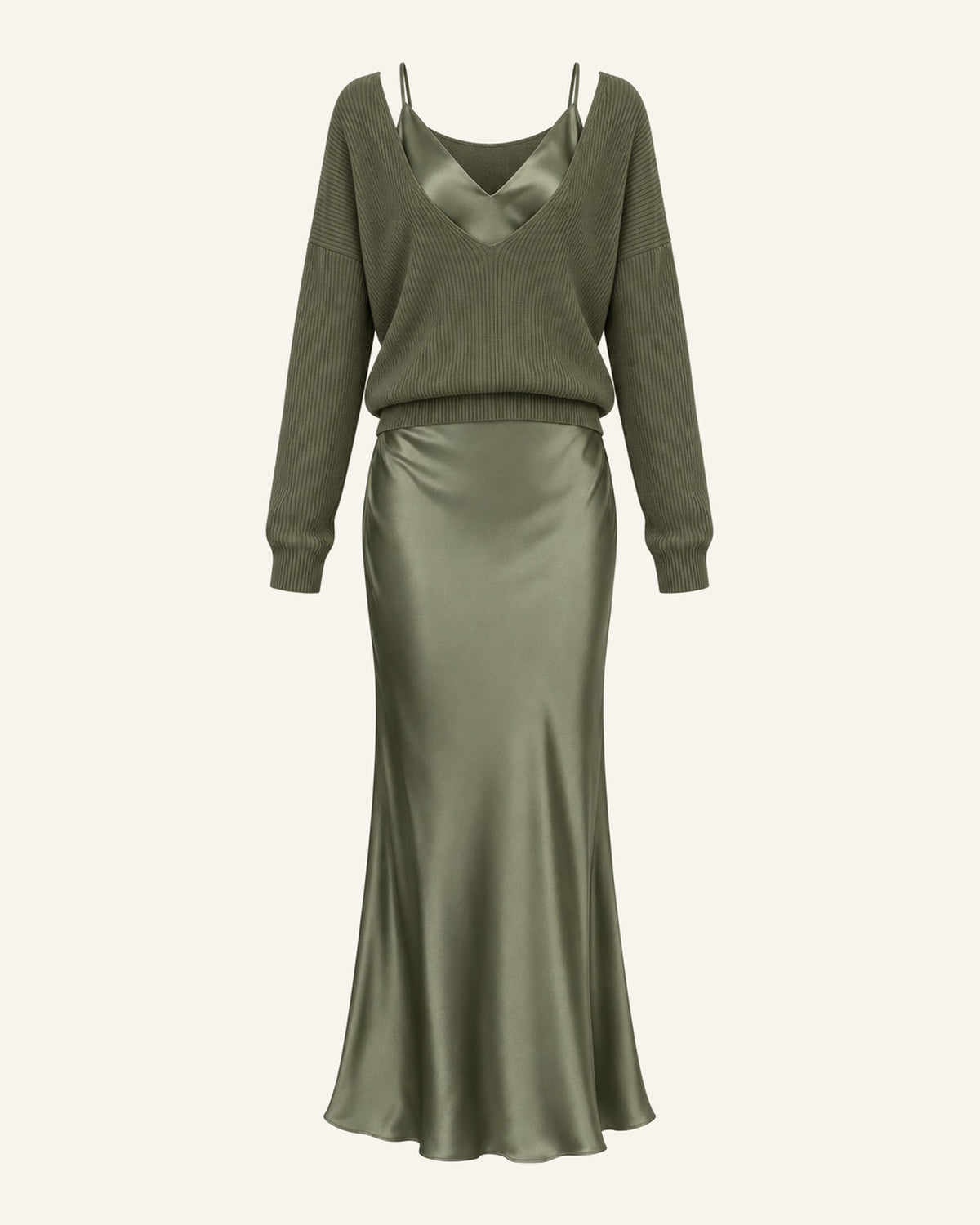 Ingrid knit and satin slip set in olive, rib-knit sweater over a matching satin dress