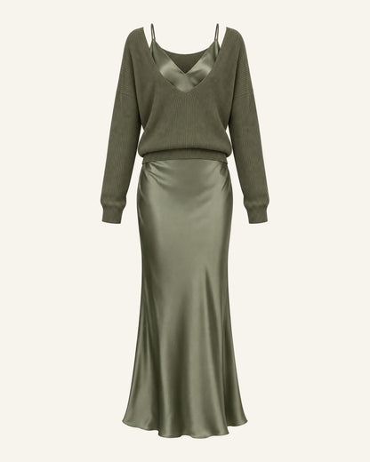 Ingrid knit and satin slip set in olive, rib-knit sweater over a matching satin dress