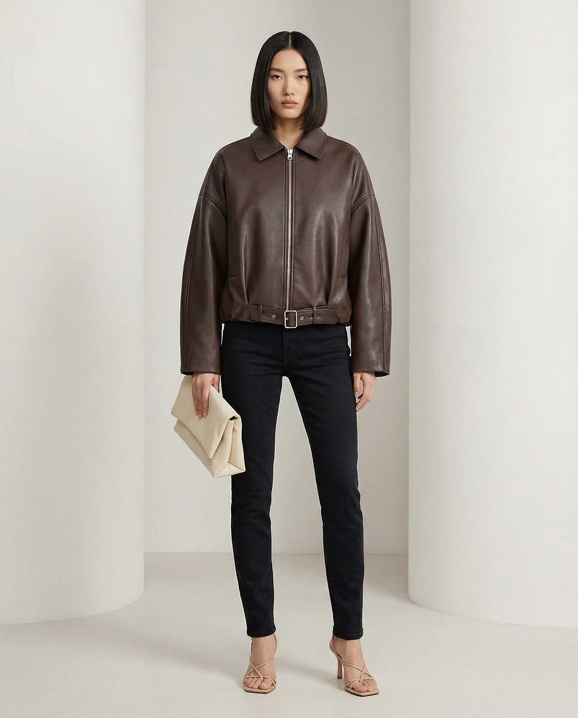 Bitter chocolate cropped jacket buckled at the waist, front view with collar and zip detail