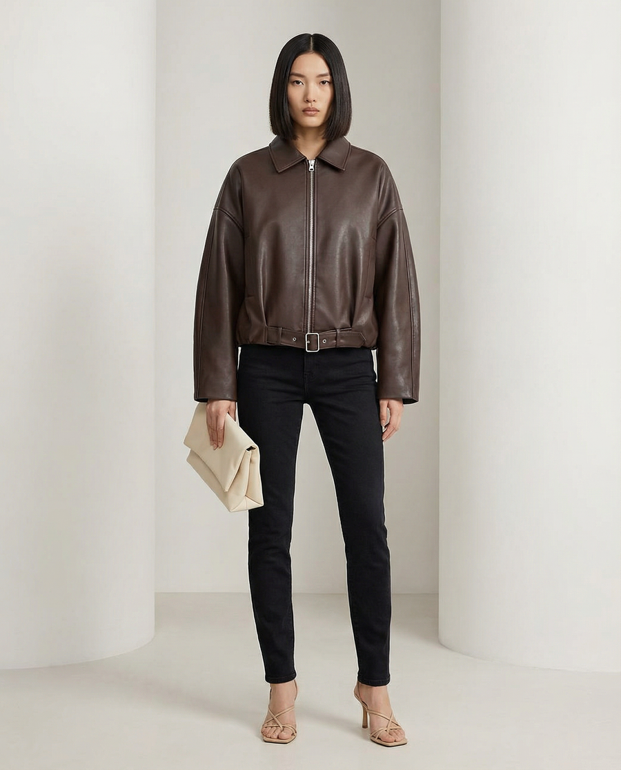 Bitter chocolate Ivy cropped jacket zipped over black skinny jeans, belted at the waist