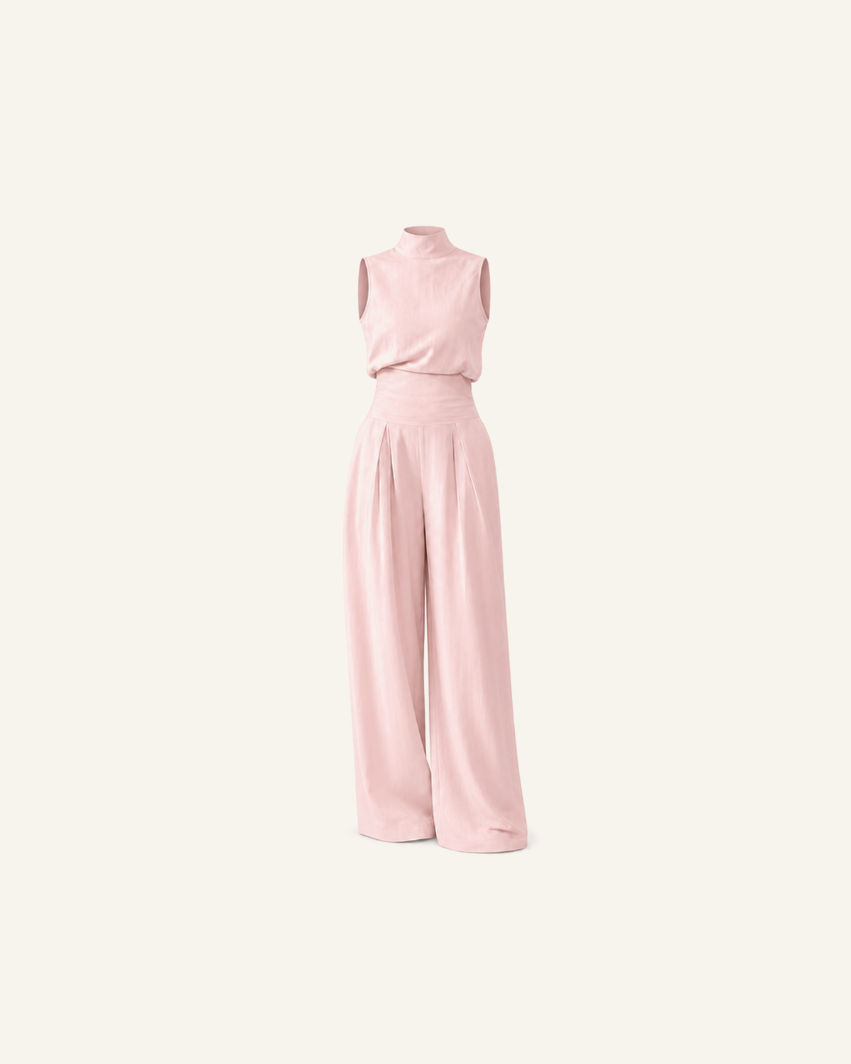 The Linnea pleated wide-leg set in blush pink, mock-neck top and pleated wide-leg trousers, alone on a bone background