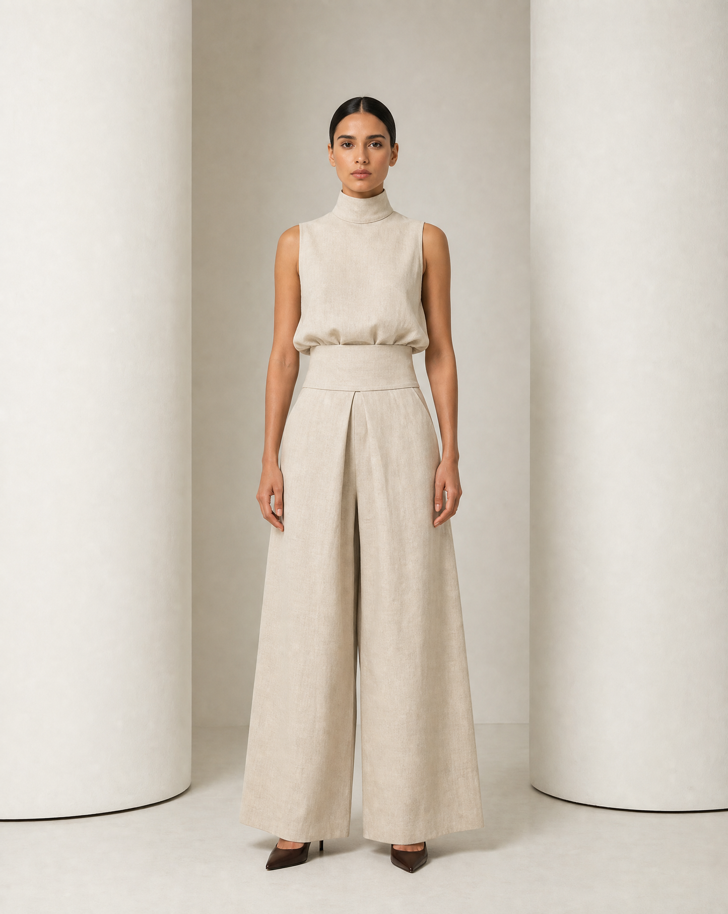 The Linnea pleated wide-leg set in oatmeal, sleeveless mock-neck top and full wide-leg trousers