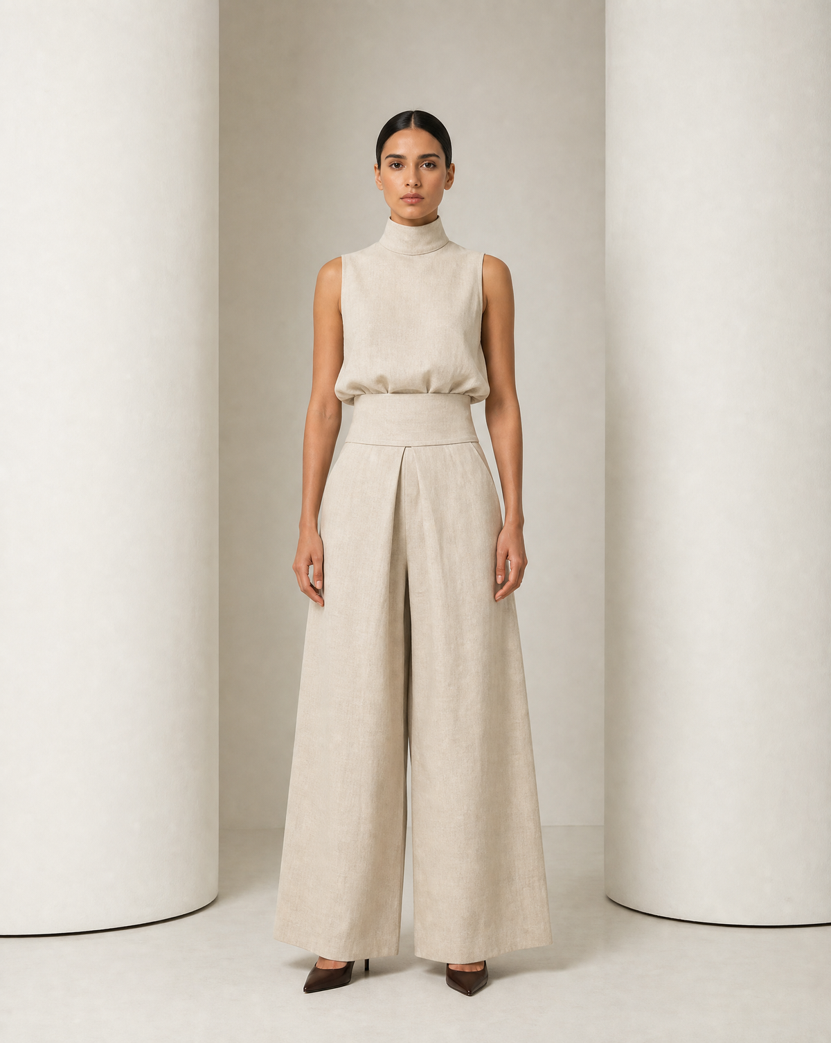 The Linnea pleated wide-leg set in oatmeal, sleeveless mock-neck top and full wide-leg trousers