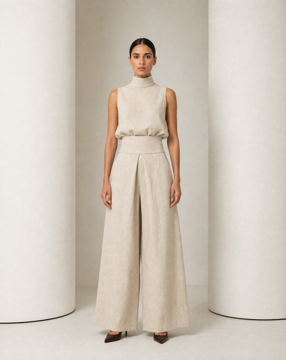 The Linnea pleated wide-leg set in oatmeal, sleeveless mock-neck top and full wide-leg trousers