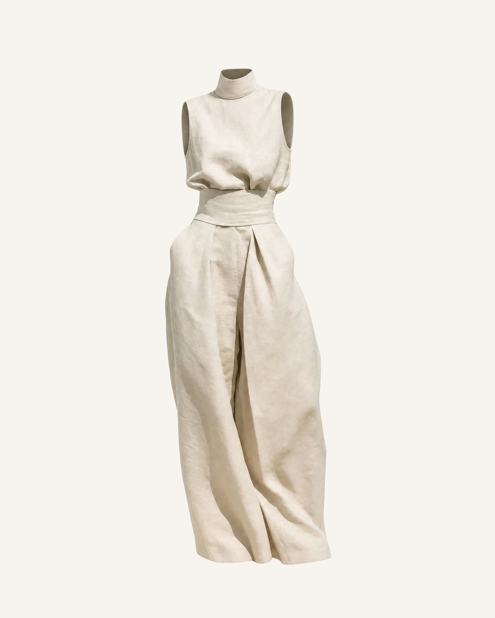 The Linnea pleated wide-leg set shown alone in oatmeal on a bone background, top and trousers