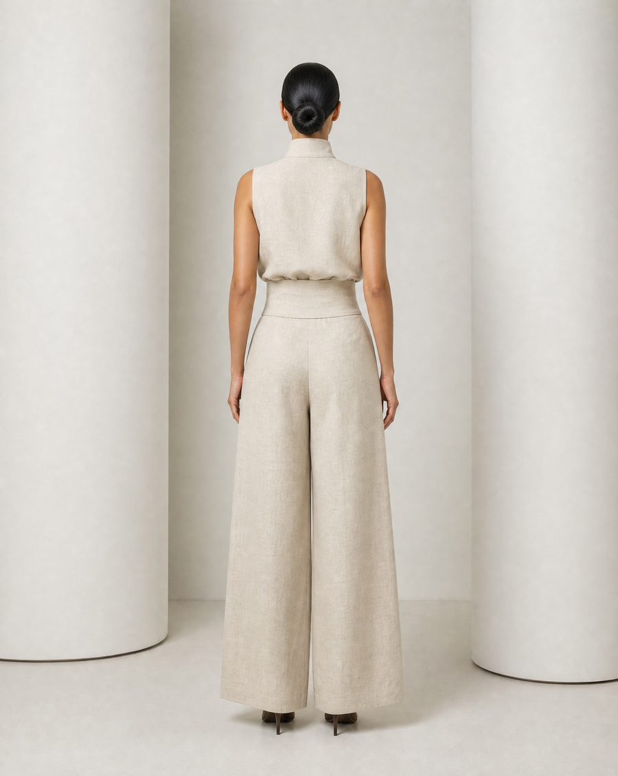 The Linnea pleated wide-leg set in oatmeal, sleeveless mock-neck top and full wide-leg trousers
