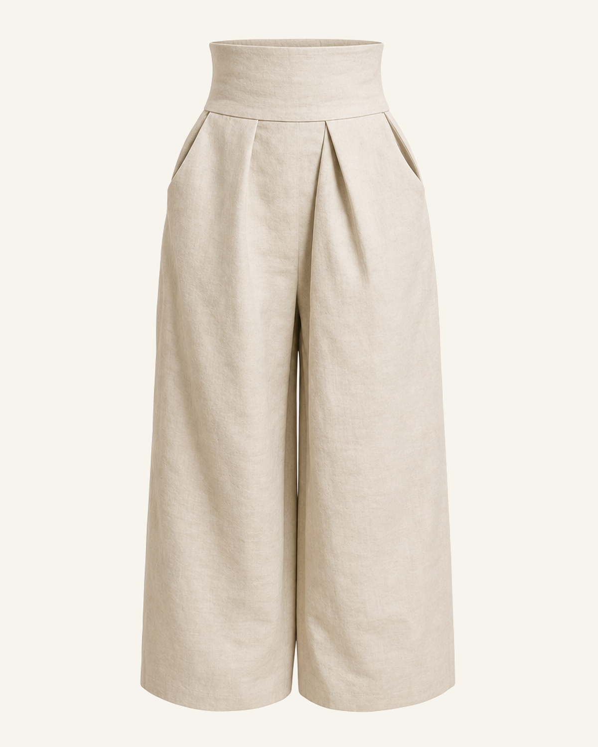 Construction detail of the Linnea trousers, wide waistband, deep front pleat and side pockets