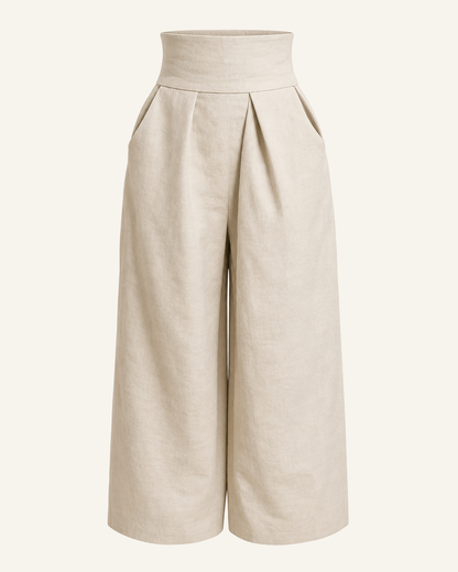 Construction detail of the Linnea trousers, wide waistband, deep front pleat and side pockets